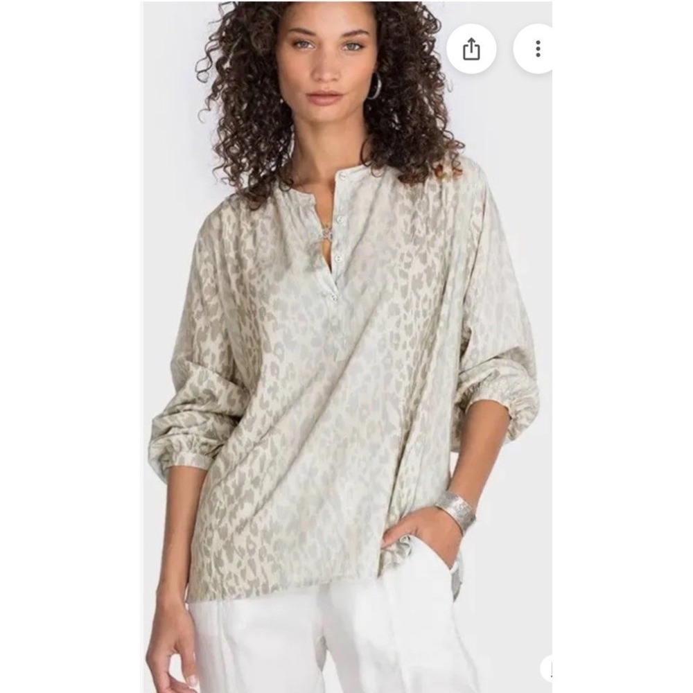 Johnny Was Calme Post Yoga Pullover Blouse Beige Cheetah Print Size XS Oversized